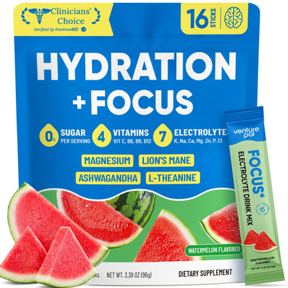 Venture Pal Sugar Free Hydration + Focus Electrolyte Packets, 16 Sticks | 7 Electrolytes + Vitamins, Magnesium, Lion's Mane & Ashwagandha, Boost Clarity & Energy, Electrolytes Powder, Vegan, Keto