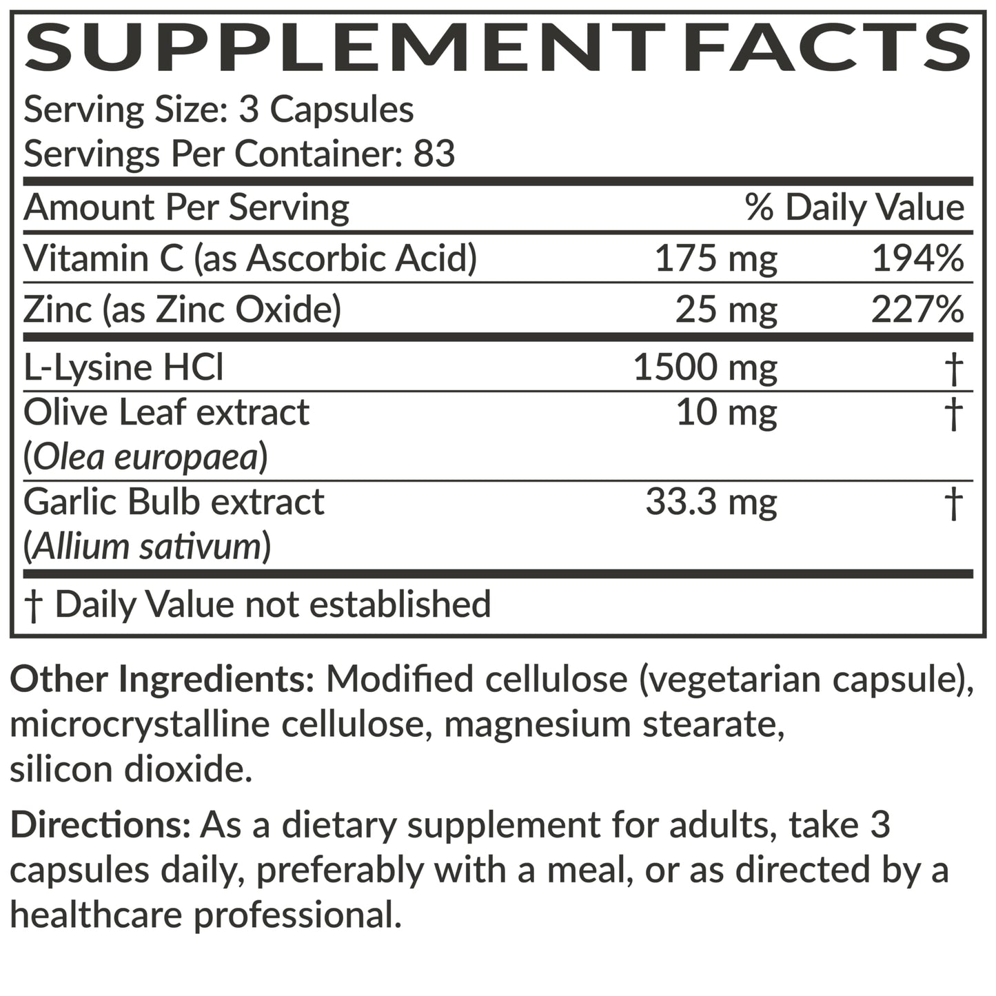 Futurebiotics L-Lysine Defense Immune Support Complex 1500 MG Per Serving with Vitamin C, Zinc, Olive Leaf & Garlic - Non-GMO, 90 Vegetarian Capsules