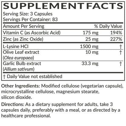 Futurebiotics L-Lysine Defense Immune Support Complex 1500 MG Per Serving with Vitamin C, Zinc, Olive Leaf & Garlic - Non-GMO, 90 Vegetarian Capsules