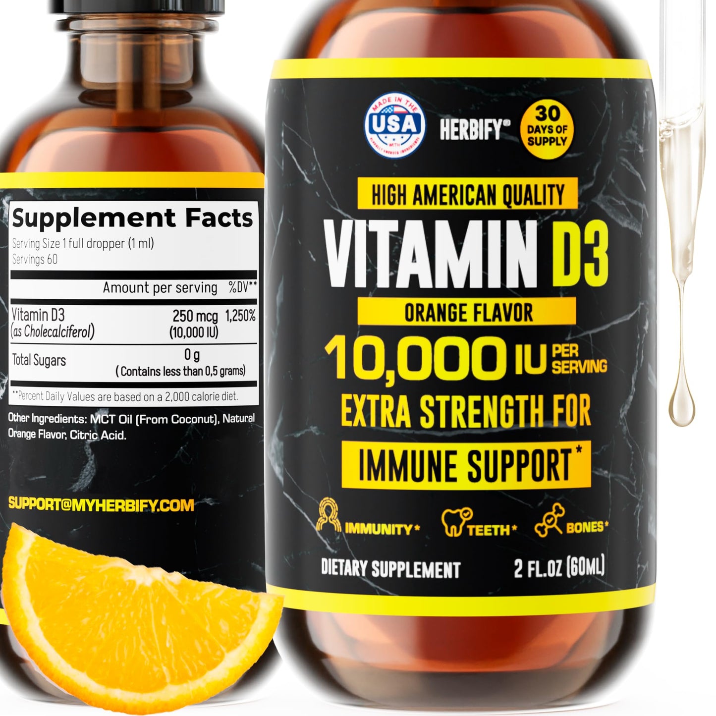 HERBIFY Vitamin D3 10000 IU - Made in USA Liquid Vitamin D Drops - Bone Strength and Immune Support Supplement - Sunshine Replacement - D3 Vitamin Bone and Teeth Supplement - 30 Days Supply - 2 Oz