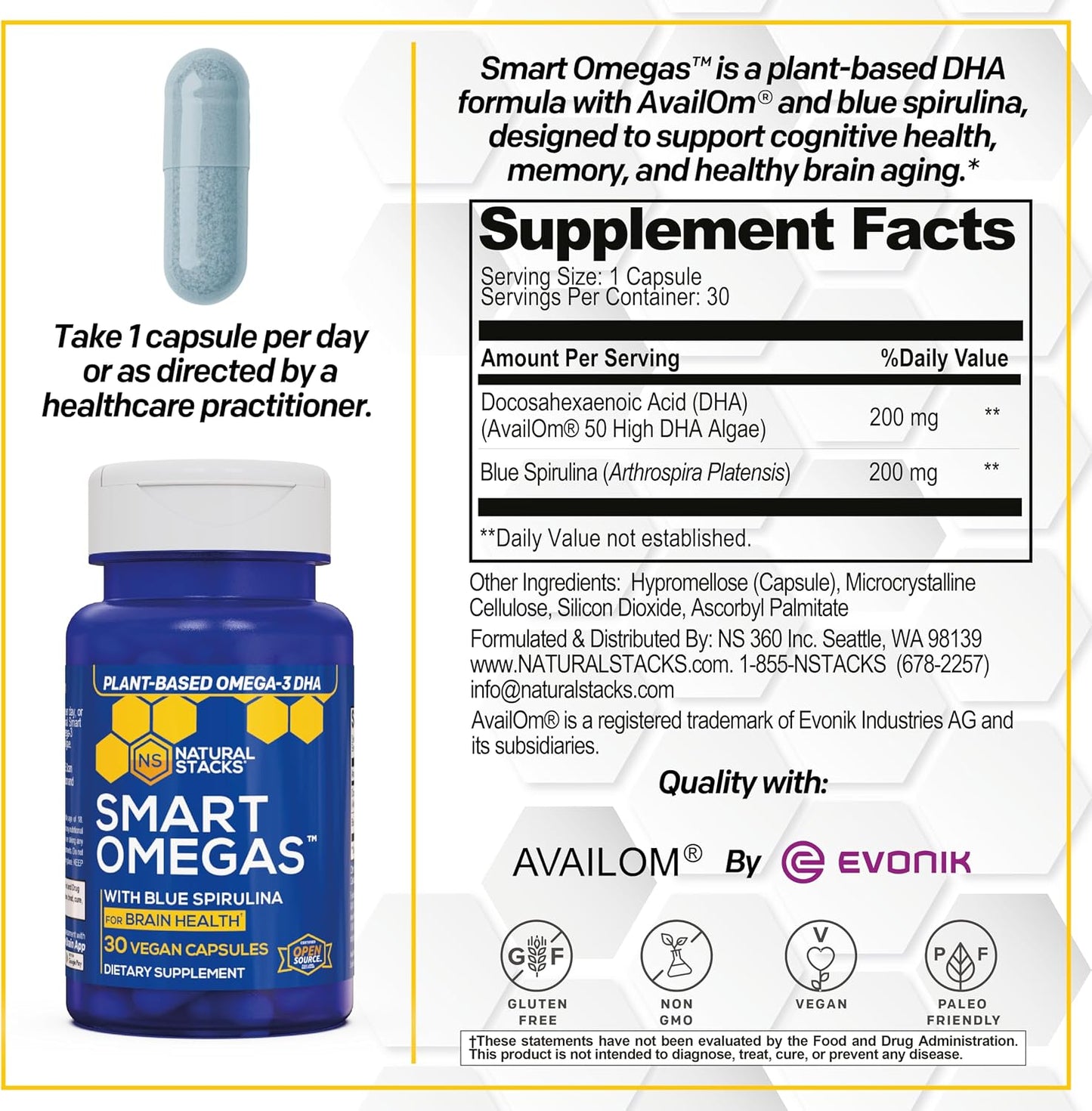 Smart Omegas Algae Omega 3 with Blue Spirulina and DHA, 30 Capsules | Plant based algae oil with 200mg DHA. Fish oil free antioxidant support for brain and heart. Vegan friendly.