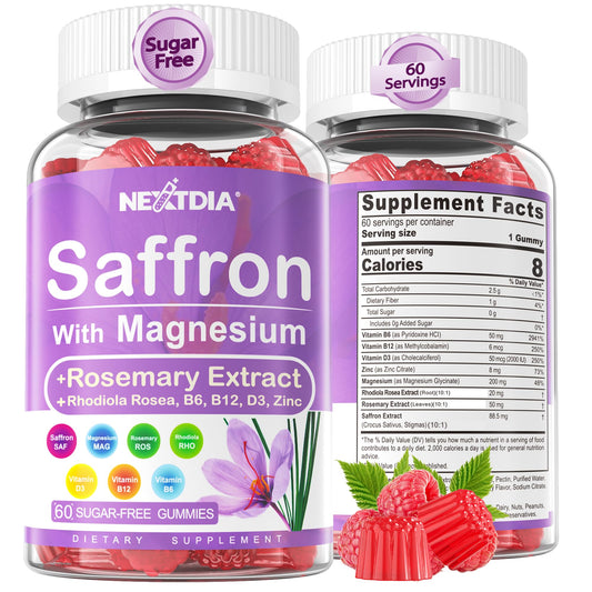 Happy Saffron Supplements Gummies - 4 Months Supply -Saffron Extract 177mg 88.5mg, w/ Magnesium Glycinate 400mg 200mg, Rhodiola, Rosemary, Vitamin D, B6 B12 for Rest, Mood, Calm, Focus, Sugar-Free