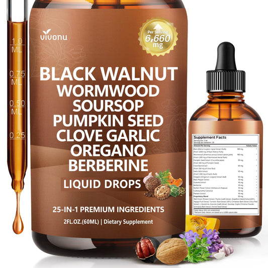 25-in-1 Liposomal Black Walnut Wormwood Clove Tincture, Cleanse for Humans Drops Liquid, Lymphatic Support with Garlic, Mullein, Soursop, Pumpkin Seed, Berberine, Turmeric, Echinacea, Cinnamon