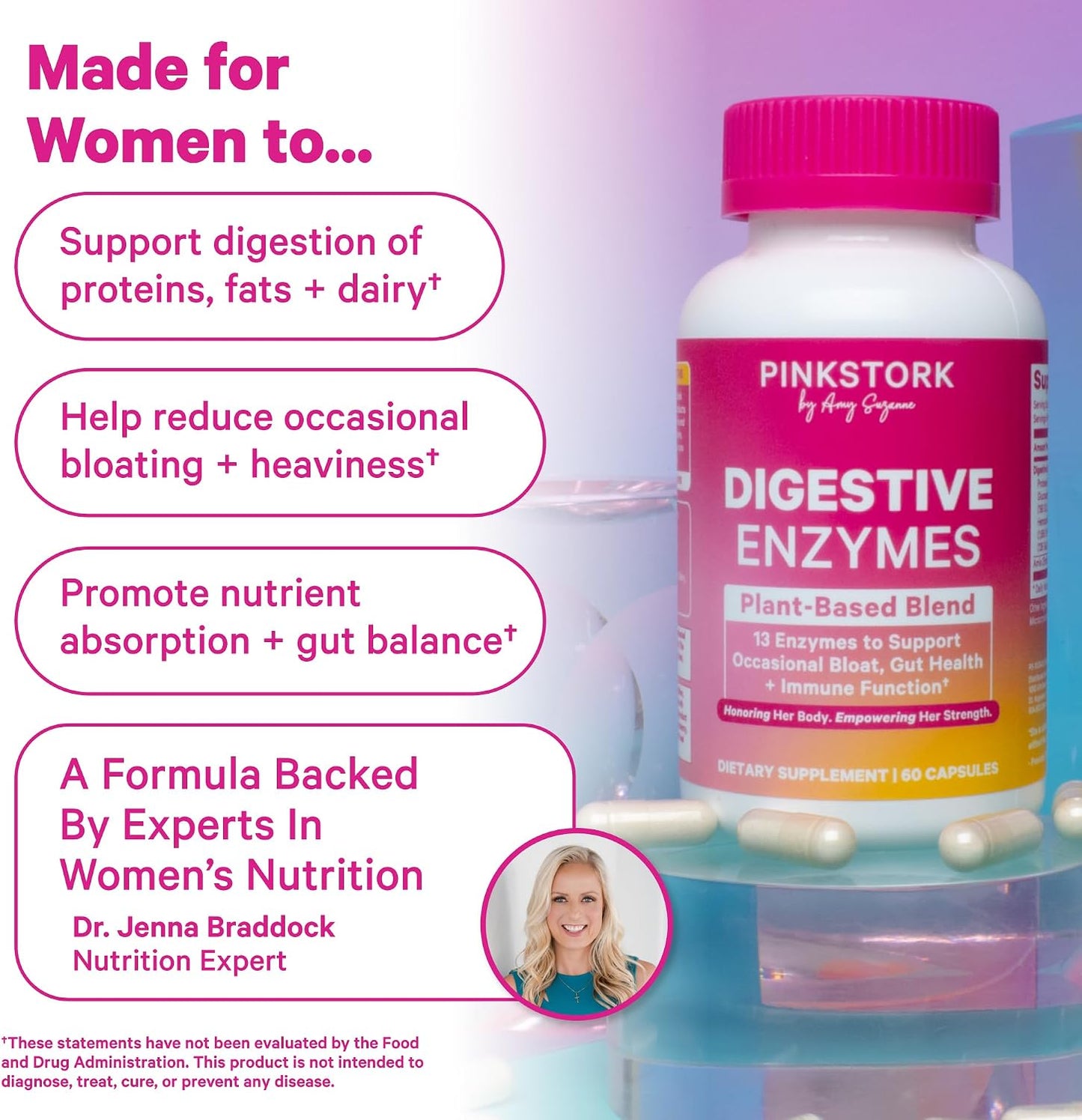 Pink Stork Digestive Enzymes for Women, 60 Capsules | 13 Plant-Based Enzymes + Amla, Supports Digestion & Gut Health, Bloating & Nutrient Absorption, GLP-1 Wellness, Vegan