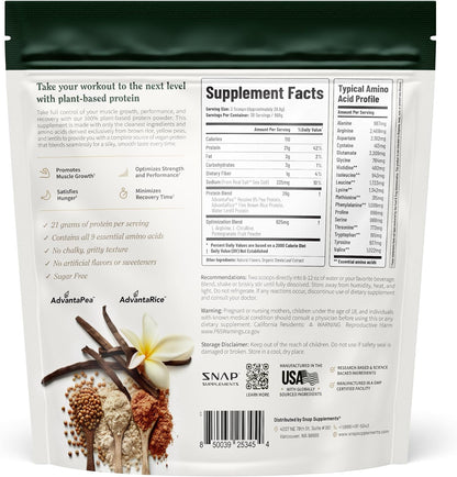 Snap Supplements Plant Based Vegan Protein Powder, Vanilla, 30 Servings