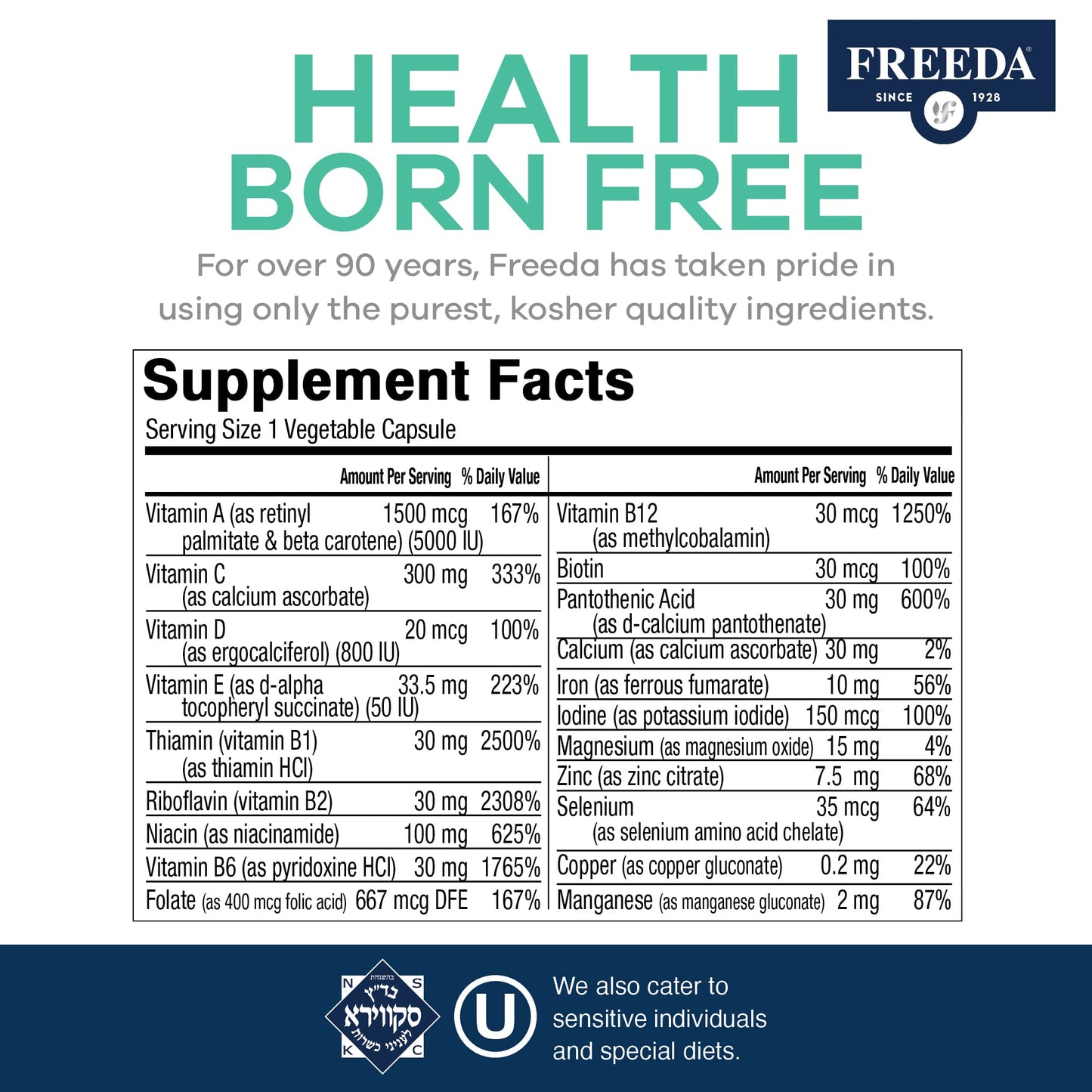 FREEDA Multivitamin – Quintabs-M with Iron – Kosher Multi Vitamins Supplements for Women Health - Multivitamins for Women & Iron-Deficient Men Adult Vitamins Multivitamin (100) | Kosher Multivitamin with Iron Formulated for Women & Men - Supporting Daily
