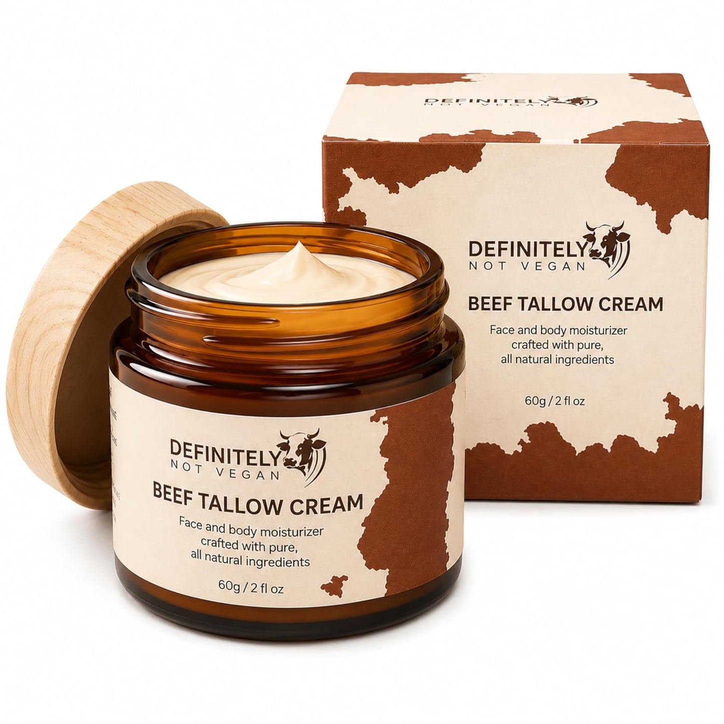 Beef Tallow Cream for Face and Body, Grass Fed Tallow Moisturizer with Manuka Honey, Collagen and Emu Oil, Unscented Handmade Skin Cream for Dry Skin, 2 fl oz