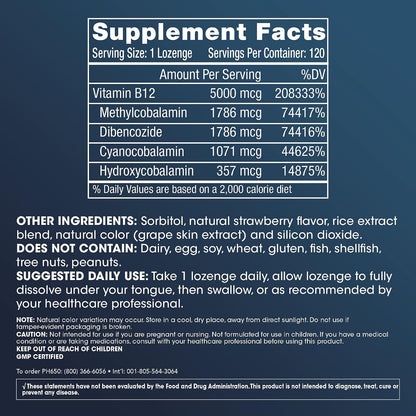 ProHealth Longevity Vitamin B12 Metabolism and Methylation Support. Enhance Energy, Brain and Mood. Potent Methyl Donor Nutrient to Promote DNA Repair. 5,000 mcg Per Serving, 120 Lozenges
