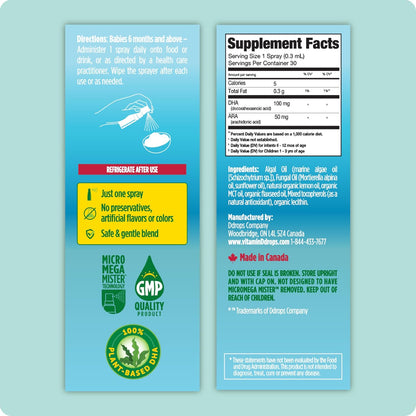 Ddrops Baby Algae DHA + ARA - 30 Sprays - Omega Essential Fatty Acids Support Brian and Eye Development - No Artificial Preservatives, Flavors or Colors