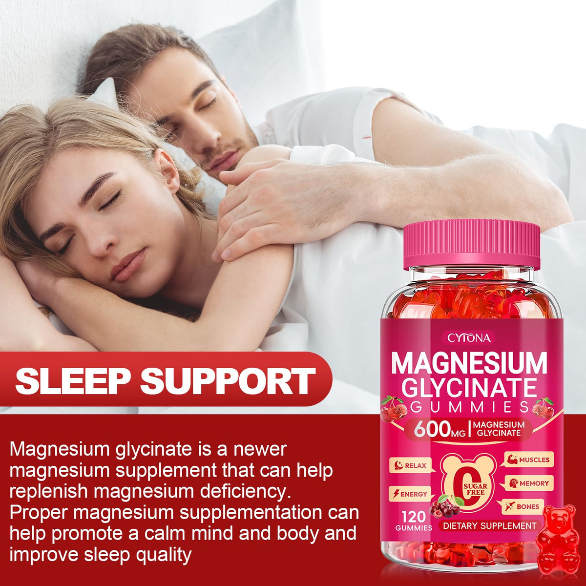 Magnesium Glycinate Gummies 600mg, Sugar Free Magnesium Gummies for Adults