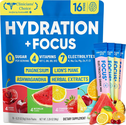 Venture Pal 2-in-1 Focus Support Electrolytes Powder + High Sodium Sugar-Free Electrolyte Powder Packets Bundle, Hydration Packets with Vitamins, Lion's Mane, Ashwagandha, Sodium, Potassium & Magnesiu
