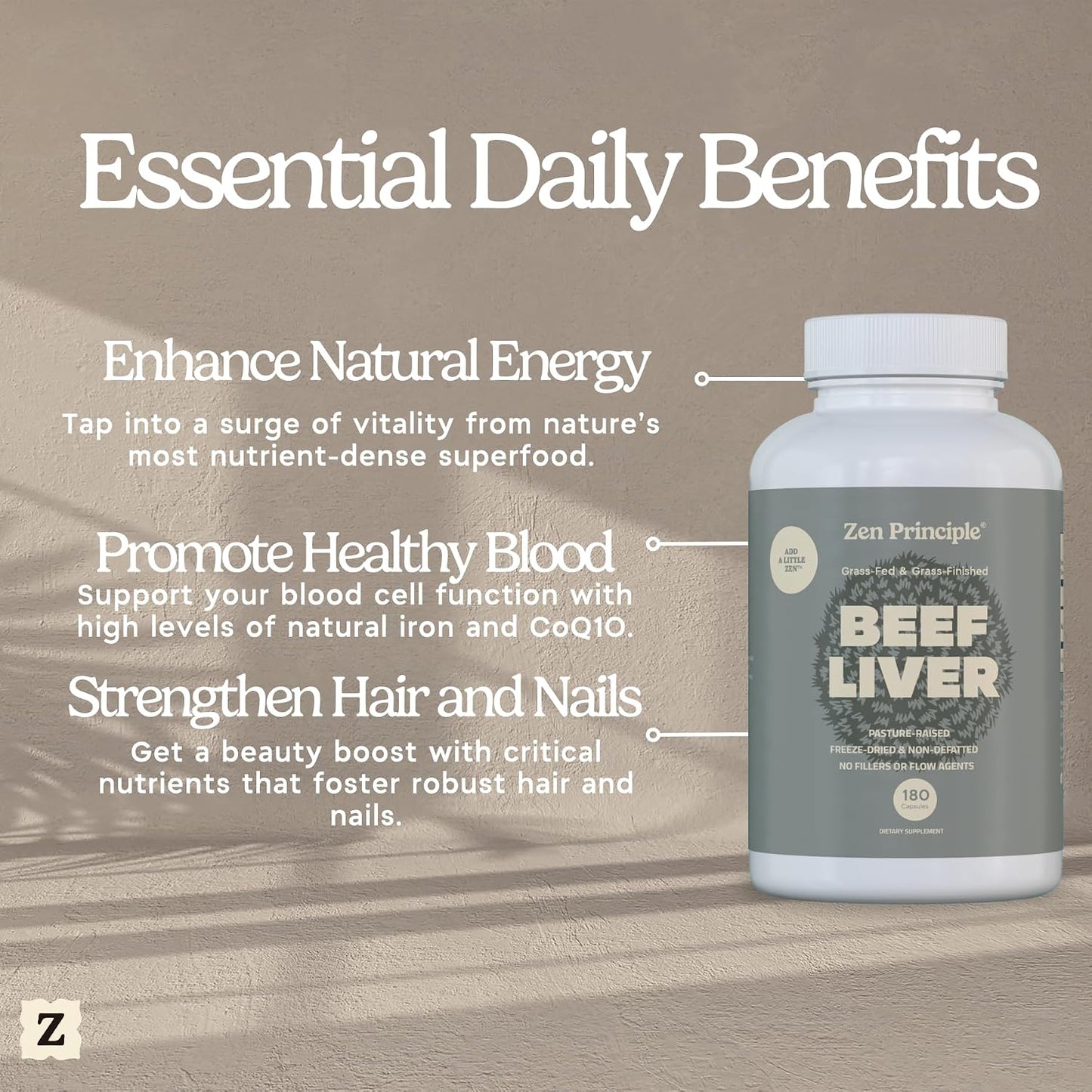 Zen Principle Ultra-Pure Desiccated Beef Liver, Grass-Fed & Finished New Zealand, No Hormones or GMOs, Natural Energy & Workout Support with Iron, Amino Acids & Vitamins. 180 Capsules