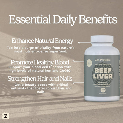 Zen Principle Ultra-Pure Desiccated Beef Liver, Grass-Fed & Finished New Zealand, No Hormones or GMOs, Natural Energy & Workout Support with Iron, Amino Acids & Vitamins. 180 Capsules