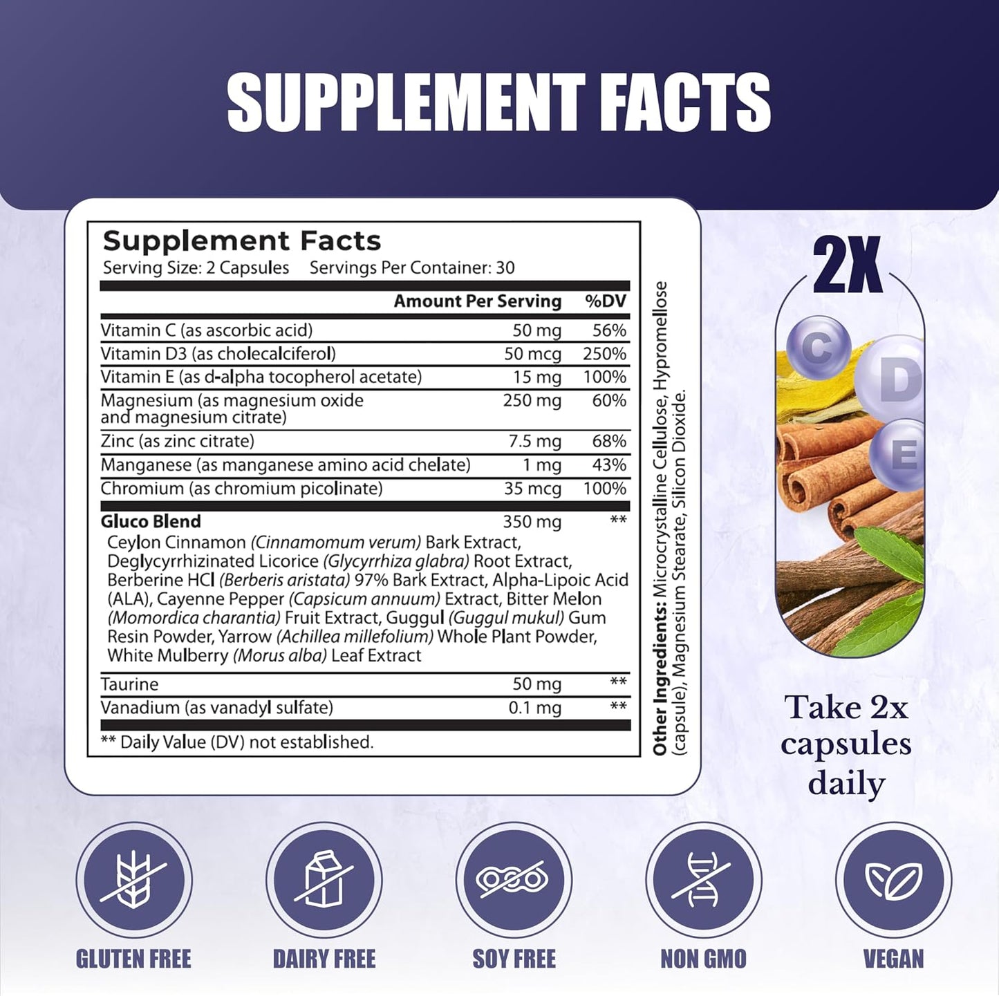 Gluco24 | Supplements with Berberine, Ceylon Cinnamon | Bitter Melon, Vegan, Non GMO. 30 Days Supply. 60 Capsules