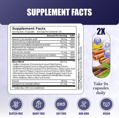 Gluco24 | Supplements with Berberine, Ceylon Cinnamon | Bitter Melon, Vegan, Non GMO. 30 Days Supply. 60 Capsules