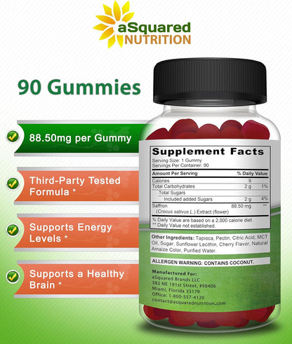 aSquared Nutrition Saffron Gummies - Saffron Extract Supplement - Pure Gummy Supplements Alternative to Capsules, Pills, Powder & Tea