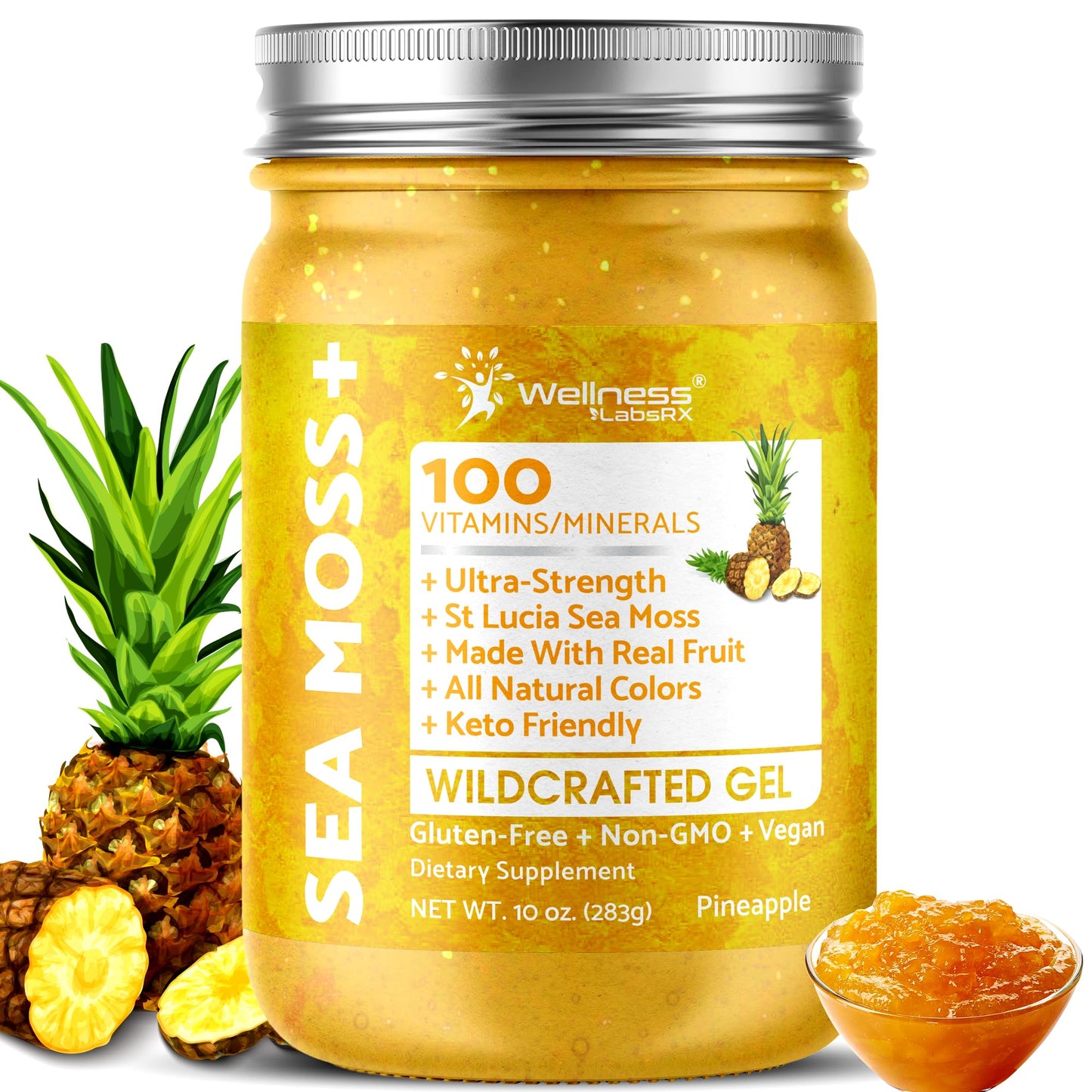 WELLNESS LABSRX Irish Sea Moss Gel Raw - Wildcrafted Superfood Seamoss Gel - Pineapple Mango Flavor, Vitamin and Mineral-Rich from Pristine Caribbean Waters - 10 oz.