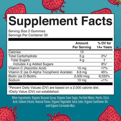 MARYRUTH'S Hair Skin and Nail Vitamins | USDA Organic | 2500 mcg Biotin Gummies with Vitamin C & Vitamin E | Hair Growth Vitamins | Skin Care | Nail Growth | Ages 14+ | 60 Count