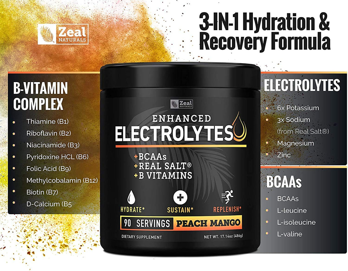 Enhanced Electrolyte Powder (Peach Mango | 90ct.) + BCAA, B-Vitamins & Real Salt