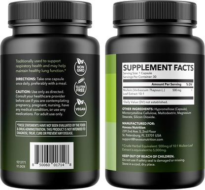 500mg Mullein Extract for Lung Support and Respiratory Health, 30 Count | Mullein Leaf Capsules for Respiratory Health, Vegan, Non-GMO Herbal Supplement for Overall Daily Wellness, 1 Month Supply