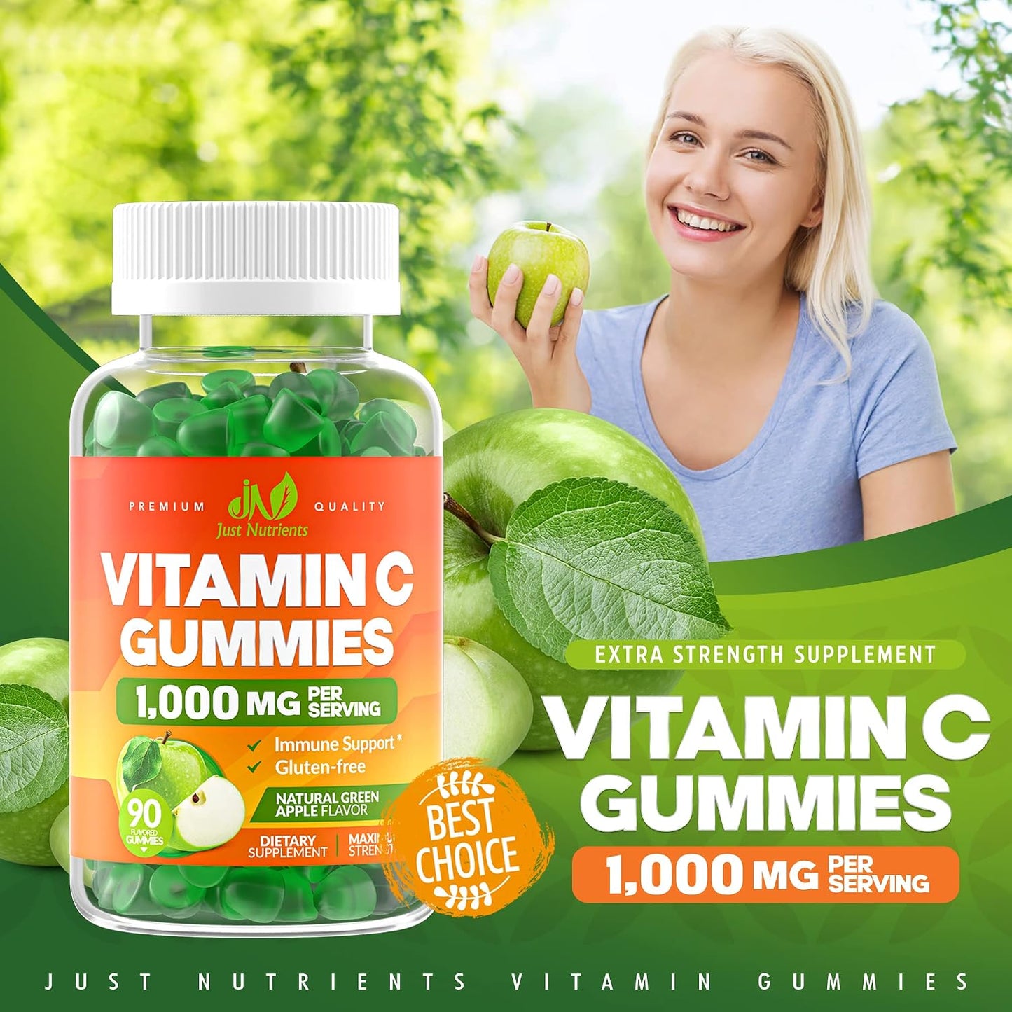 Vitamin C 1000mg Gummies for Adults & Kids, Maximum Strength (90 Count) | Chewable Immune & Collagen Support - Natural Green Apple Flavor - Gluten Free, Vegetarian, Non-GMO
