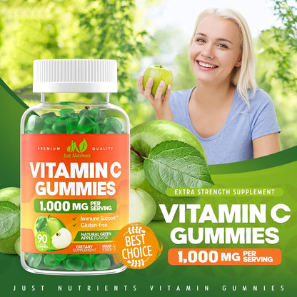Vitamin C 1000mg Gummies for Adults & Kids, Maximum Strength (90 Count) | Chewable Immune & Collagen Support - Natural Green Apple Flavor - Gluten Free, Vegetarian, Non-GMO
