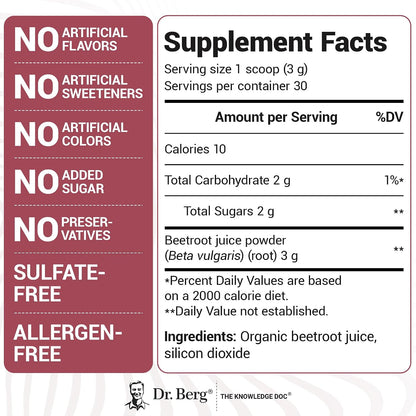 Dr. Berg Raw Organic Beet Powder from Real Earth-Grown Beets – USDA Certified Organic Beet Root Powder to Support Nitric Oxide Levels, Energy, Blood Flow, & Heart Health* – 30 Servings