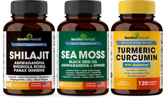 Shilajit Seamoss Bundle & Turmeric Curcumin with Bioperine Capsules | Supports Immune, Cognitive, Digestive, Skin & Hair Health