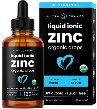 NutraChamps Liquid Zinc for Kids & Adults, Vegan, Pure Ionic Zinc Drops Enhanced with Vitamin C, Supplements for Immune Support, Sugar-Free Liquid 4 oz