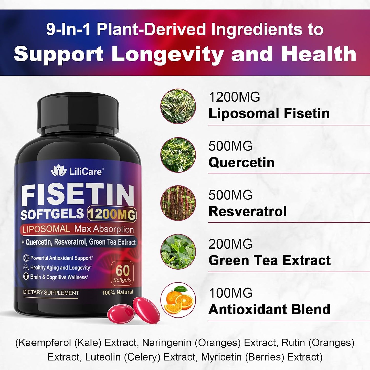 LILICARE Fisetin Supplement - Liposomal Super Absorption 98% Pure 1200mg with Quercetin, Resveratrol, Green Tea Extract for Healthy Aging & Longevity, Skin Health, Brain & Antioxidant - 60 Softgels