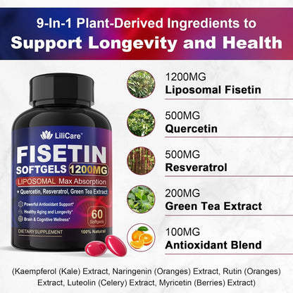 LILICARE Fisetin Supplement - Liposomal Super Absorption 98% Pure 1200mg with Quercetin, Resveratrol, Green Tea Extract for Healthy Aging & Longevity, Skin Health, Brain & Antioxidant - 60 Softgels