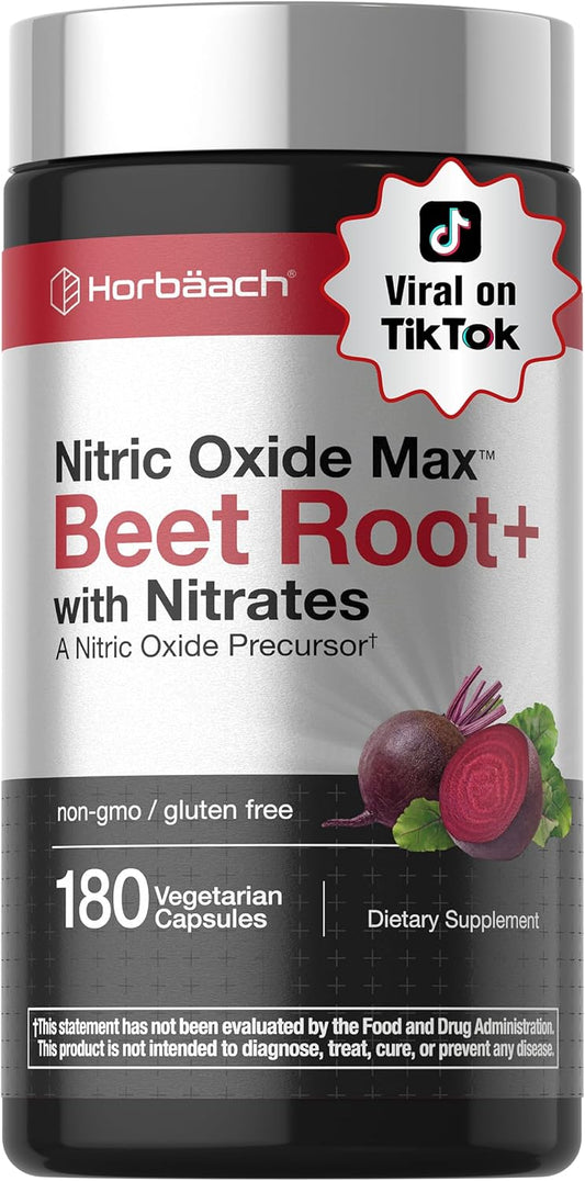 Horbäach Nitric Oxide Beet Root Capsules | 180 Count | with Nitrates and Precursor | For Men and Women | Vegetarian, Non-GMO, Gluten Free Supplement