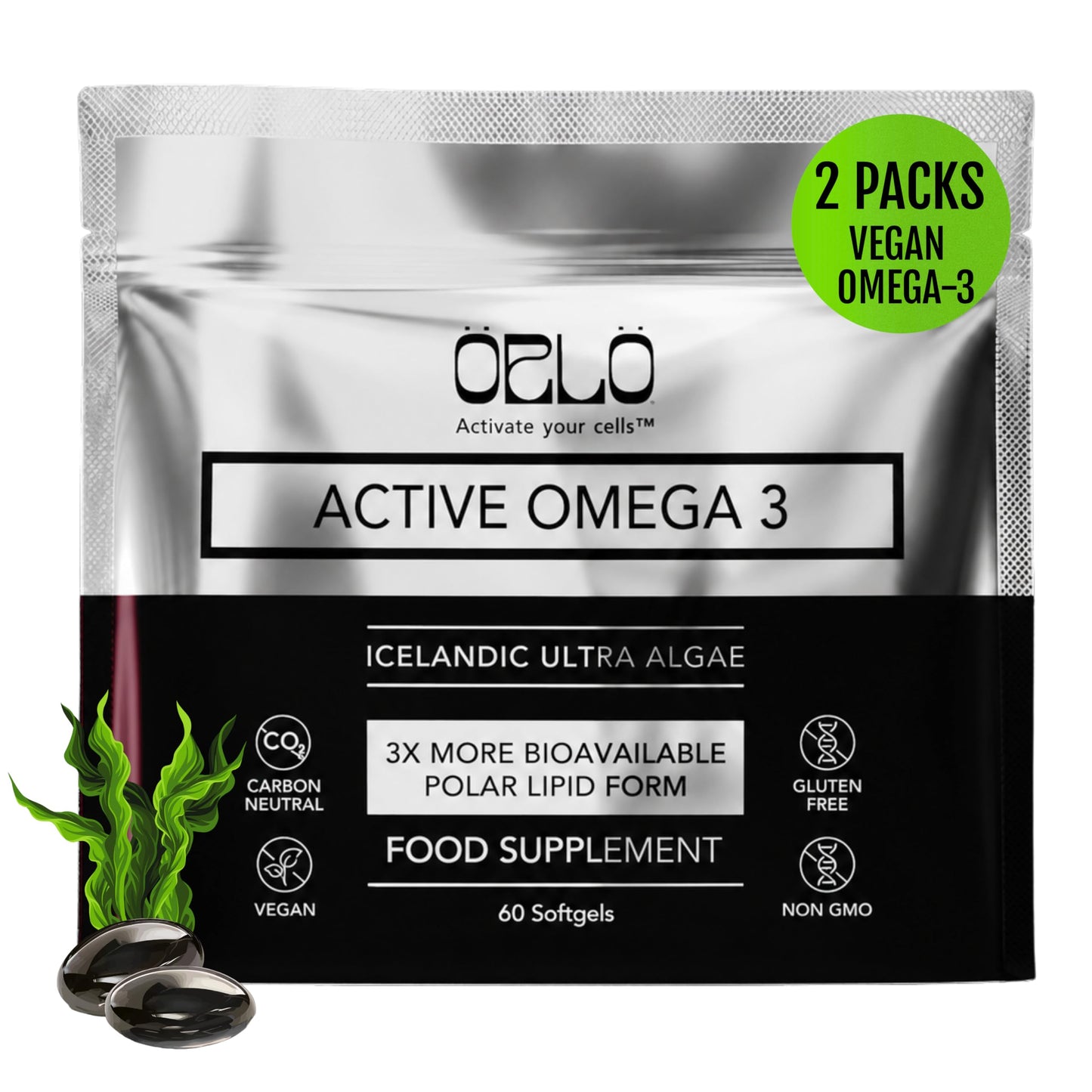 Orlo Vegan Omega 3 Algae Oil 1000mg - Natural Icelandic Nordic Omega-3 EPA & DHA Supplement - Fish Oil & Krill Alternative for Heart & Brain – 60 Easy-to-Swallow Burpless Mini Softgels
