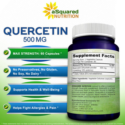 Quercetin 500mg Supplement - 200 Capsules - Dihydrate Powder Complex Pills | Max Strength Quercetin Dihydrate Supplements to Support Cardiovascular Health & Help Improve Immune Response