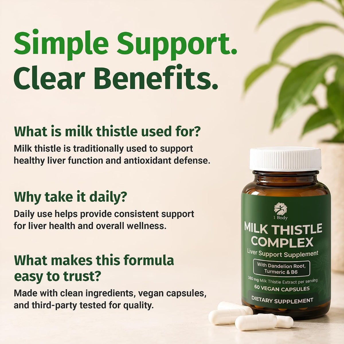 1 Body Milk Thistle Complex, Liver Support, 60 Vegan Capsules, 30 Servings