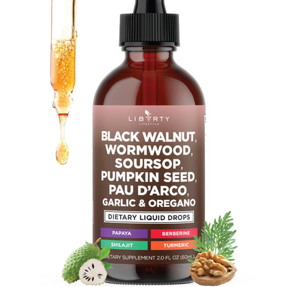 Defend Wormwood Black Walnut Cleanse for Humans Drops Liquid Soursop Garlic Pumpkin Seed PAU D'Arco Oil of Oregano Turmeric Berberine Neem Extract Hull Bark Tincture - 4 OZ