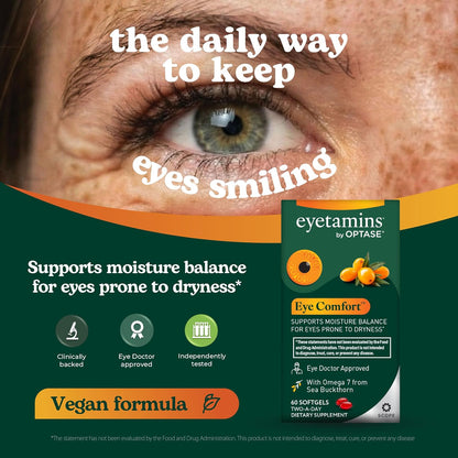 eyetamins® by OPTASE® Eye Comfort™ - 60 Softgels - Eye Doctor Recommended - an Omega-Based Eye Supplement formulated to Support Moisture Balance and Eye Comfort from Within. Plant Based Soft gels.