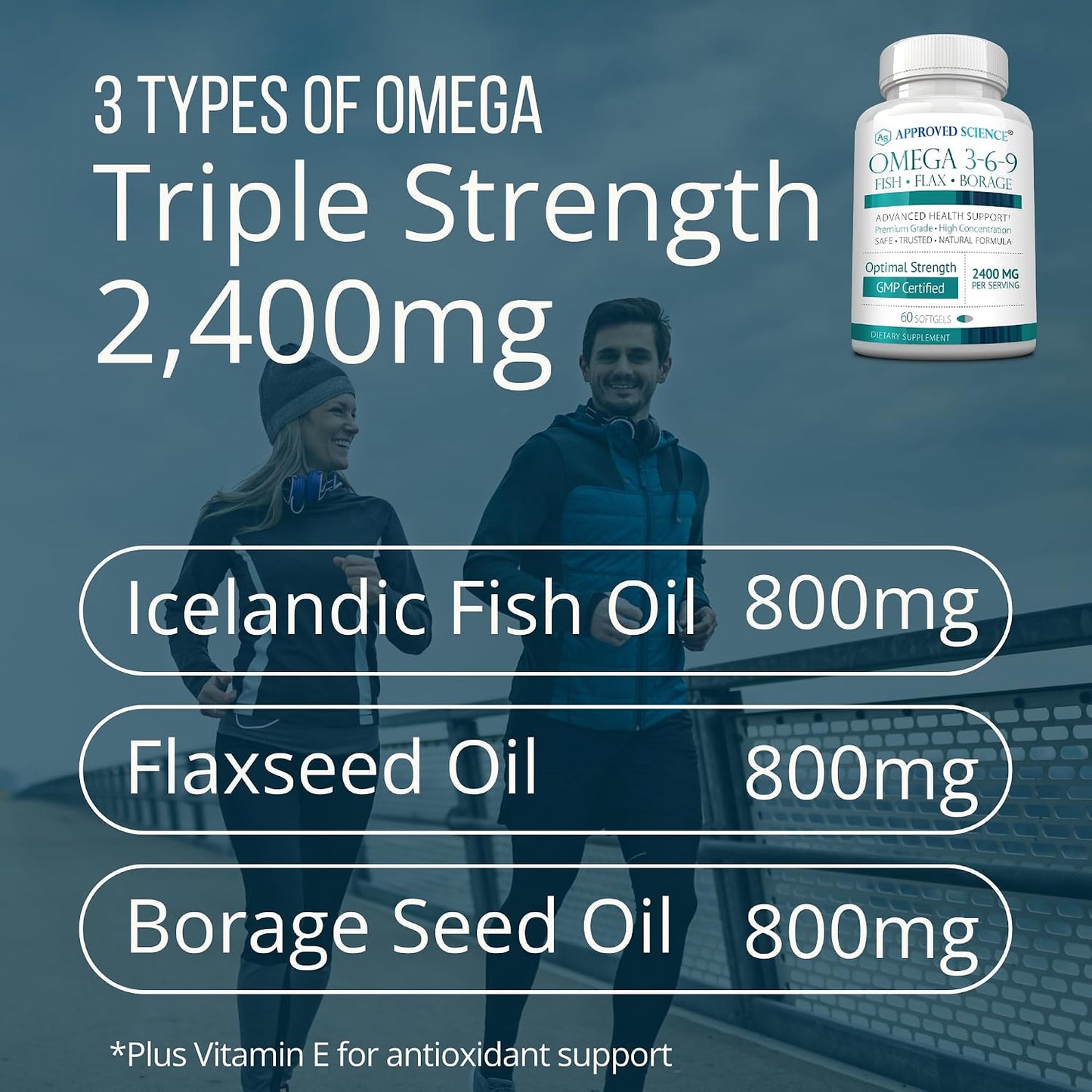 Approved Science Omega 3-6-9-2400mg Daily Blend of Fish, Flaxseed, and Borage Oils with Vitamin E - Wellness Support - Non-GMO, Mercury-Free - 60 Softgels - 1 Month Supply