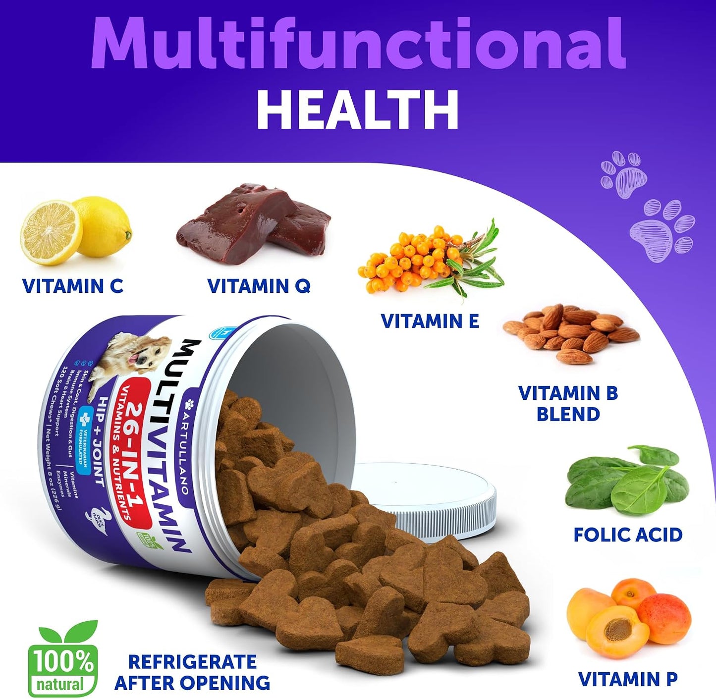 Dog Multivitamin Chewable with Glucosamine 26 in 1 - Dog Vitamins and Supplements - Senior & Puppy Multivitamin for Dogs - Pet Joint Support Health - Immunity, Mobility, Gut Skin - 120 Chews