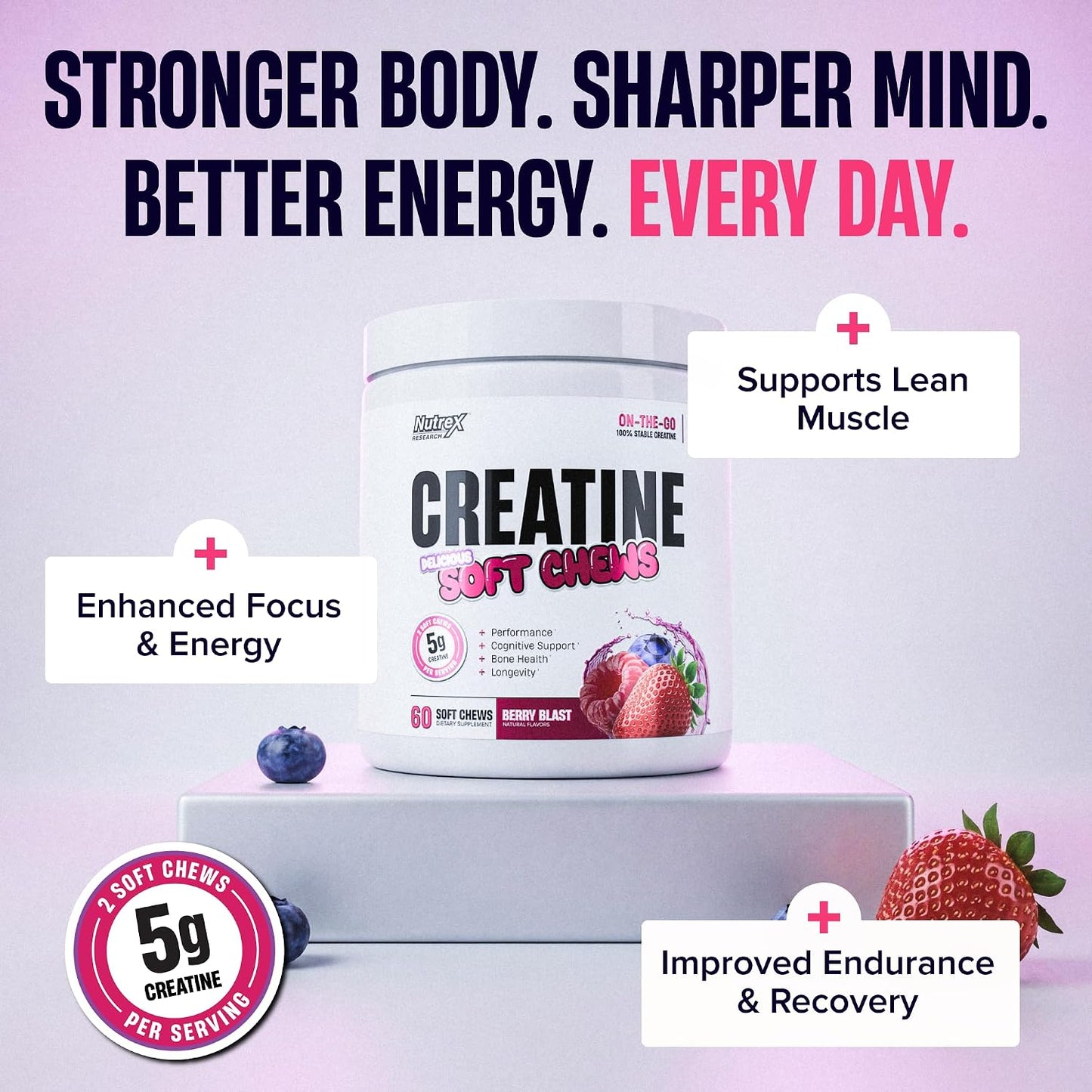 Nutrex Research Essentials Creatine Soft Chews, 5g Creatine per Serving, NUTRASOFT Technology, Berry Blast, Gluten Free, 60 Count (30 Servings)