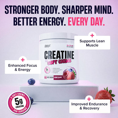 Nutrex Research Essentials Creatine Soft Chews, 5g Creatine per Serving, NUTRASOFT Technology, Berry Blast, Gluten Free, 60 Count (30 Servings)