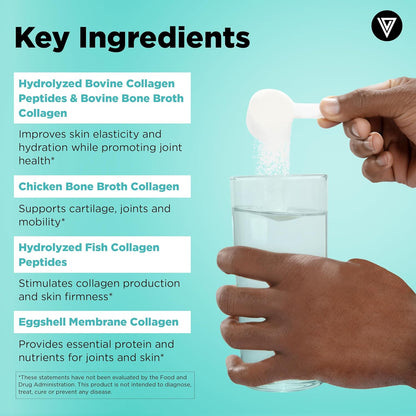 Vital Vitamins Multi Collagen Complex Powder for Hair, Skin, Nails & Joints | 5 Collagen Peptides Types I II III V & X, Unflavored, Easy to Dissolve, Scoop Included Inside, 30 Servings