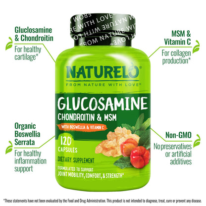 NATURELO Glucosamine Chondroitin MSM with Boswellia and Vitamin C - Supplement for Joint Comfort, Mobility, and Strength - 120 Capsules