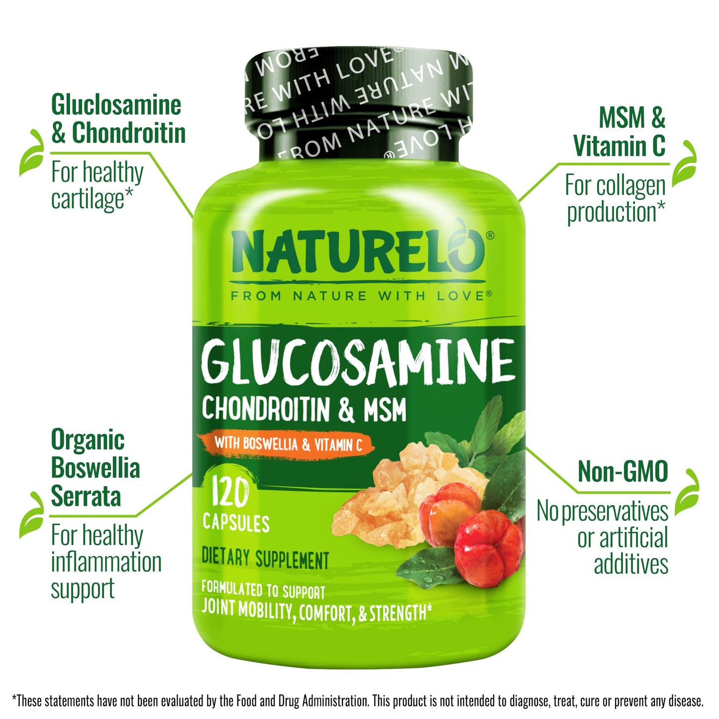 NATURELO Glucosamine Chondroitin MSM with Boswellia and Vitamin C - Supplement for Joint Comfort, Mobility, and Strength - 120 Capsules