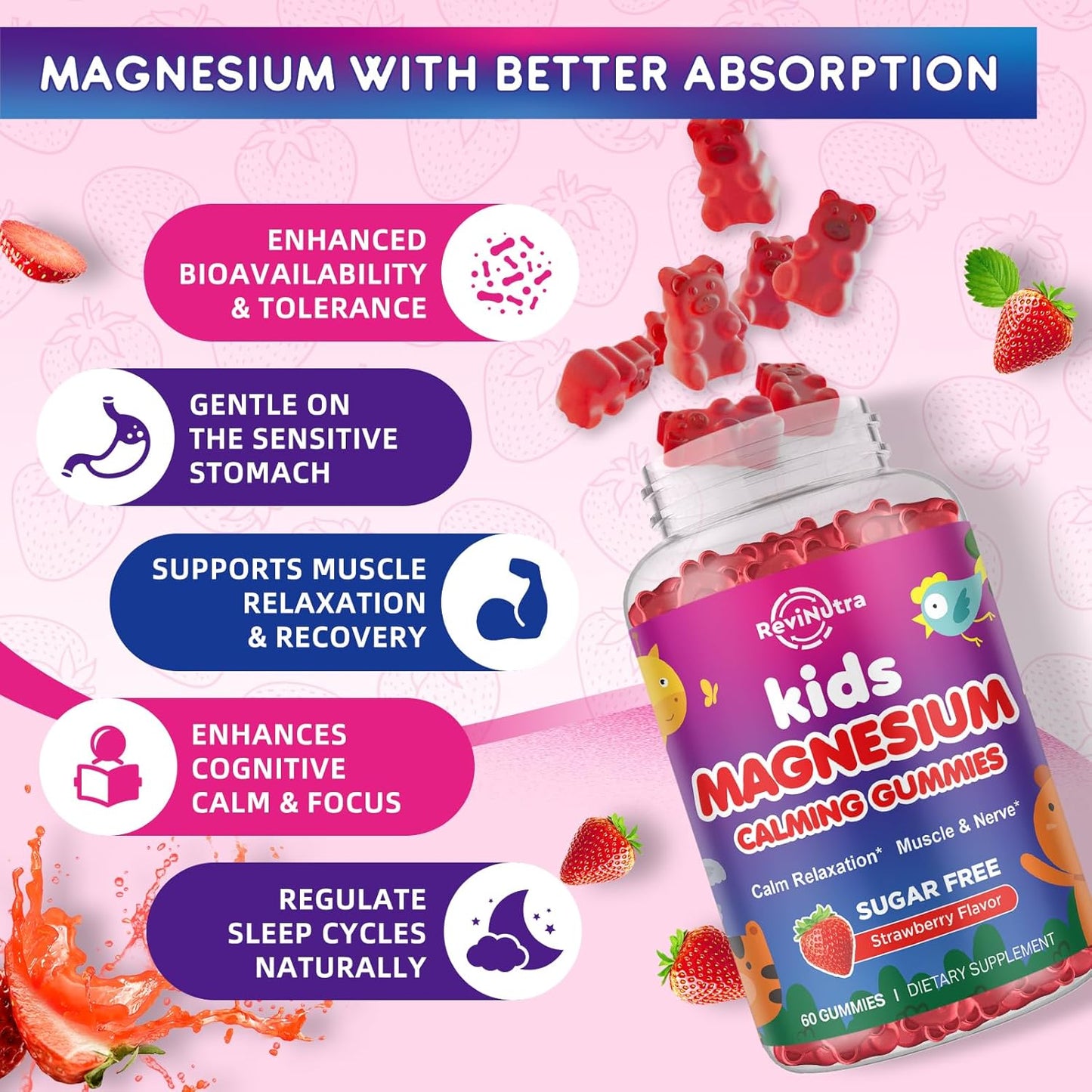 2 Pack Magnesium Glycinate Gummies for Kids & Adults Stawberry & Raspberry Flavor