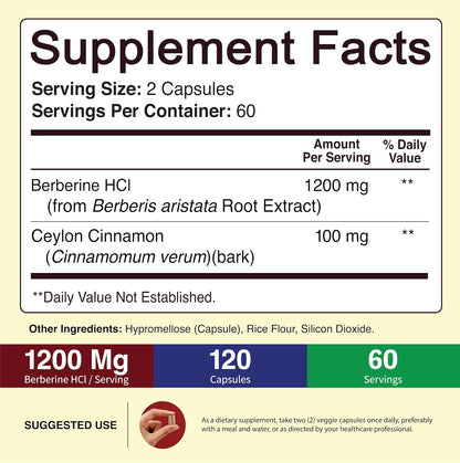 NutriFlair Berberine HCl 1200mg, 120 Capsules - Plus Ceylon Cinnamon, Berberine HCI Root Supplements Pills - Made in USA