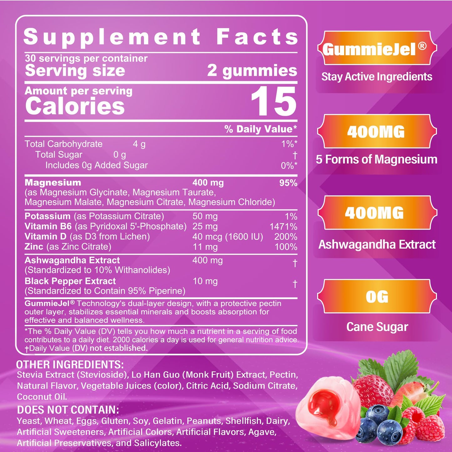 Magnesium Glycinate Gummies for Adults – 400mg Magnesium Complex w/5 Forms of Magnesium (Citrate Malate Taurate Chloride), Ashwagandha, D3 & Zinc – Sugar Free Calm Mood & Muscle Support, Vegan, 60Cts