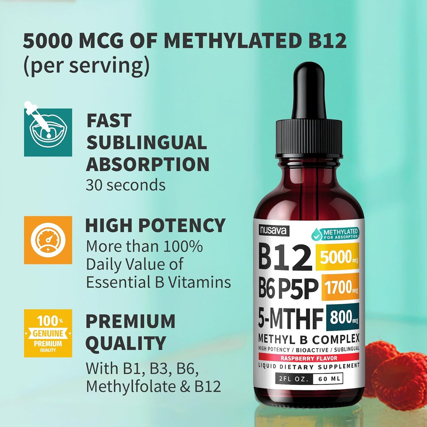 (2-Pack) Methylated B Complex Liquid Drops - Vitamin B Complex with Active L Methylfolate - B12 Sublingual Drops - Vegan B12 Vitamin 5000mcg, Non-GMO, Raspberry Flavor, No Sugar, 2 Fl oz, 80 Servings