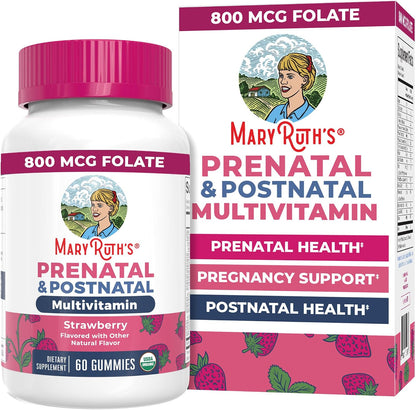 MARYRUTH'S Organics Prenatal Vitamins for Women | USDA Organic Prenatal Gummies | Postnatal Vitamins for Women Breastfeeding | Methylfolate 800 mcg DFE | Iodine | Vegan | Non GMO | 30 Servings