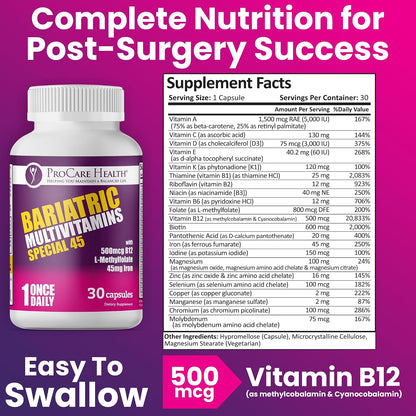 Special-45 Bariatric Multivitamin | Reduced B12 | Capsule | 30ct | Post-Op Bariatric Vitamins for Gastric Bypass and Sleeve Patients, Sustains Recovery & Energy* (1 Month Supply) - Made in USA